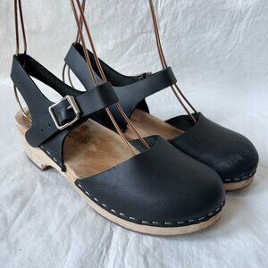 Lottas Swedish clogs black leather ankle strap wooden 36 6 block heel buckle